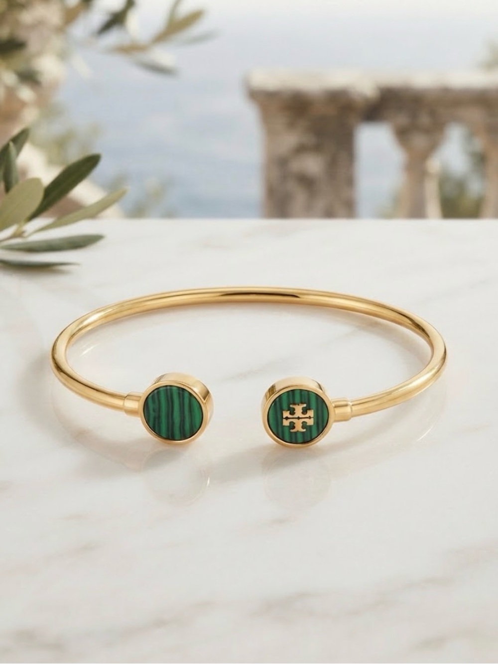 TORY BURCH KIRA SEMIPRECIOUS GREEN MALACHITE OPEN CUFF BRACELET 18K GOLD…